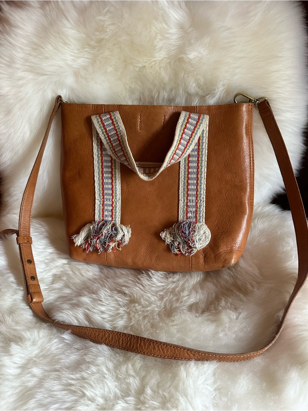 Madewell Tan Leather Crossbody with Striped Woven Handles